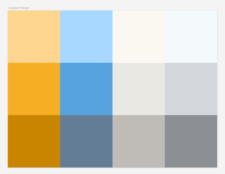 Color palette with 3 orange, 3 blue and 6 grey colors